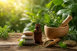 Terapias naturales representadas con plantas medicinales, hierbas aromáticas y elementos de bienestar en un entorno natural.