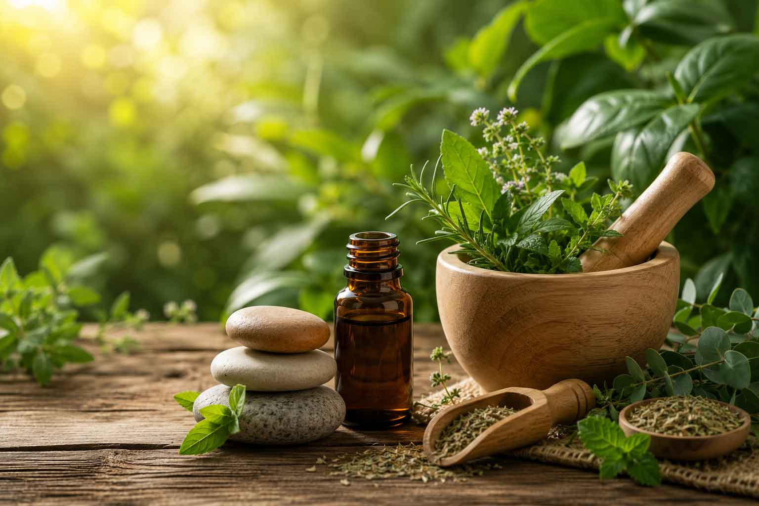 Terapias naturales representadas con plantas medicinales, hierbas aromáticas y elementos de bienestar en un entorno natural.