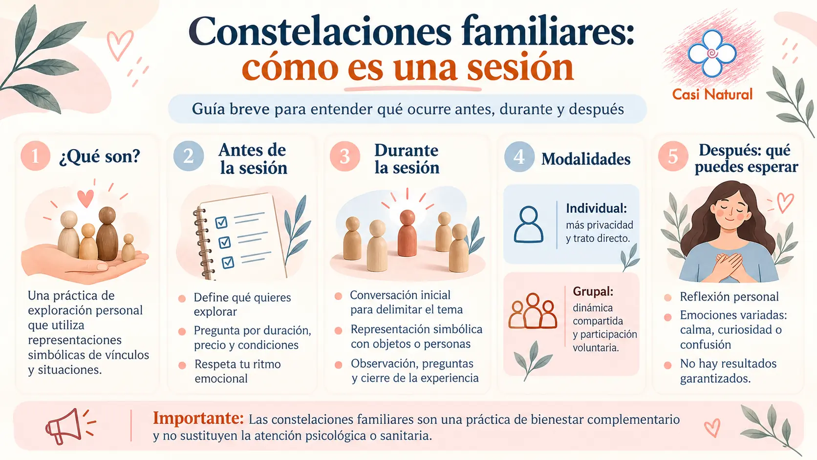 Infografía sobre cómo es una sesión de constelaciones familiares, sus fases, modalidades y qué esperar después en Casi Natural