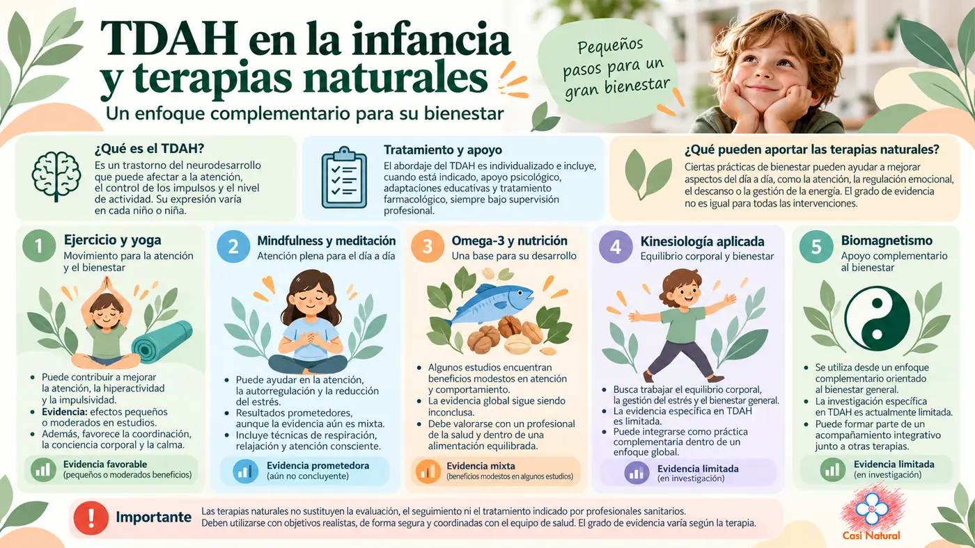 Infografía sobre TDAH en la infancia y terapias naturales con ejercicio, yoga, mindfulness, omega-3, kinesiología y biomagnetismo