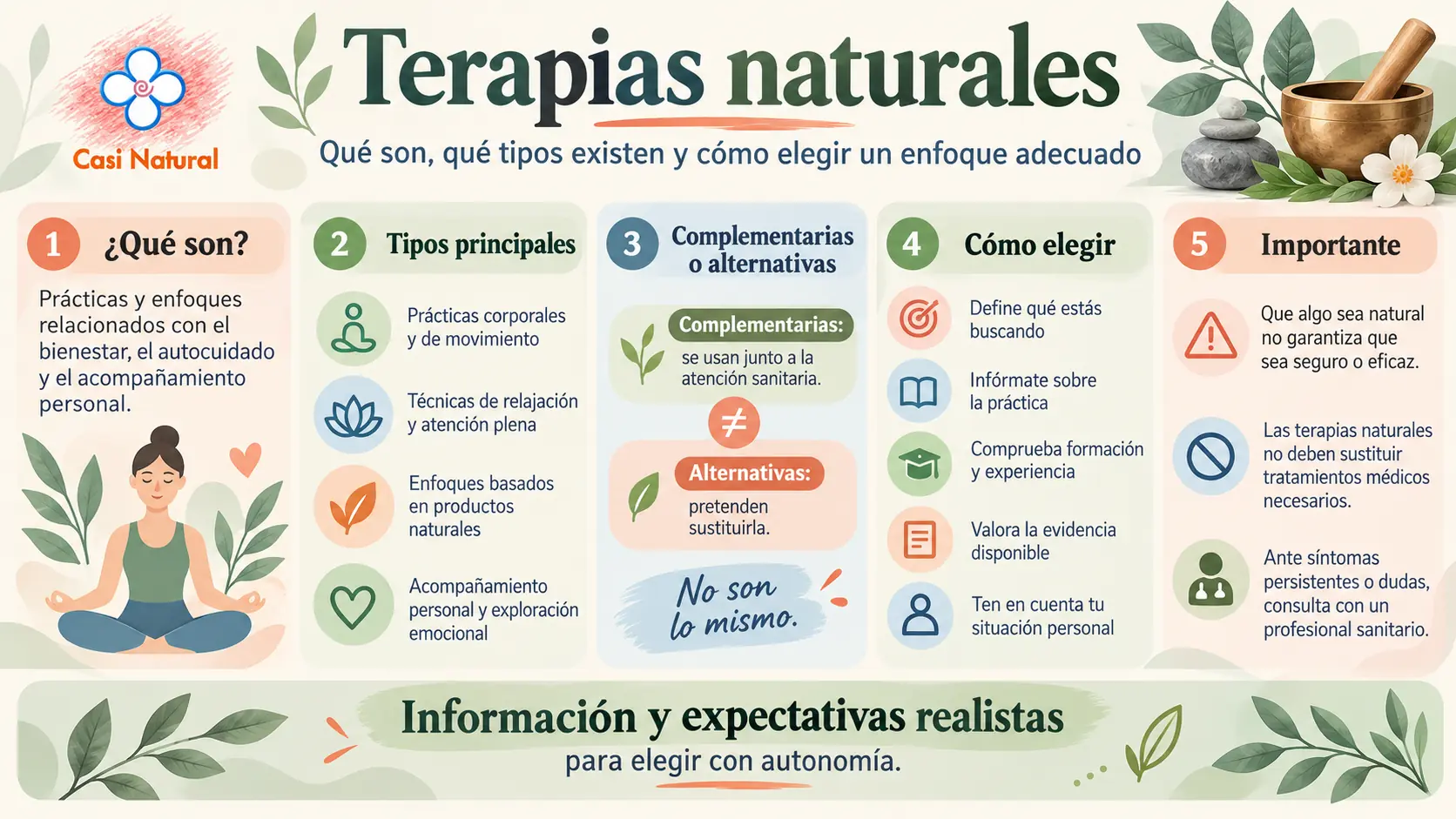 Infografía sobre terapias naturales que explica qué son, sus principales tipos, las diferencias entre terapias complementarias y alternativas y cómo elegir.