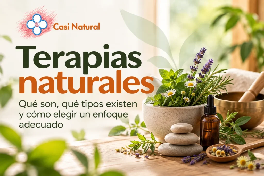 Imagen sobre terapias naturales con plantas aromáticas, flores, piedras y elementos de bienestar de Casi Natural