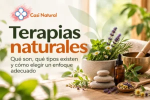 Imagen sobre terapias naturales con plantas aromáticas, flores, piedras y elementos de bienestar de Casi Natural